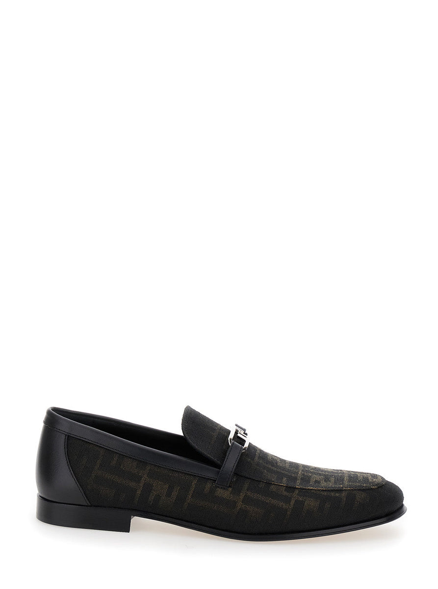 Fendi Men 'O Lock' Brown Loafers With Logo Plaque Detai And All-Over Ff Motif In Tech Fabric Man