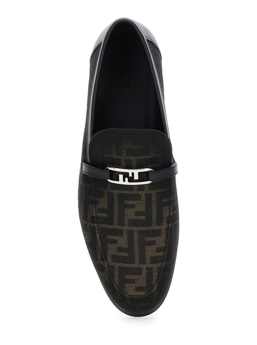 Fendi Men 'O Lock' Brown Loafers With Logo Plaque Detai And All-Over Ff Motif In Tech Fabric Man