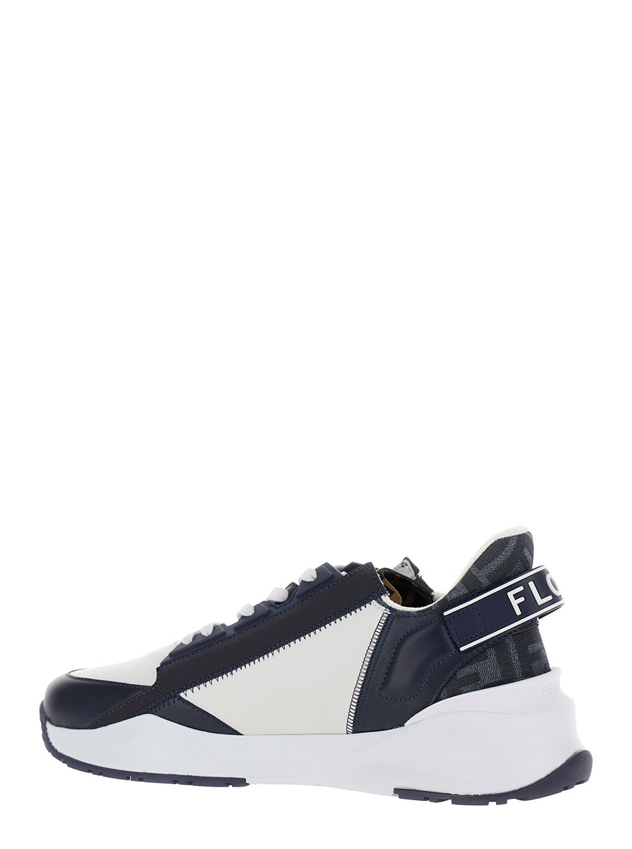 Fendi Men 'Fendi Flow' Blue And White Sneakers With Logo Print In Ff Jacquard And Leather Man