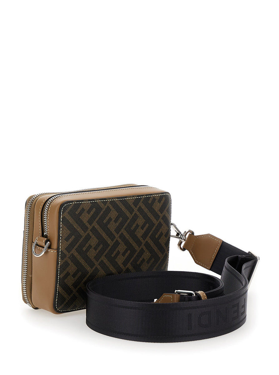 Fendi Men 'Camera Case Organizer' Beige And Brown Crossbody Bag With Ff Motif In Leather And Canvas Man