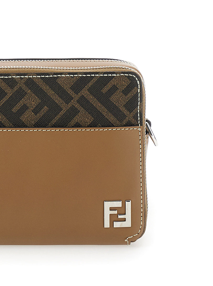 Fendi Men 'Camera Case Organizer' Beige And Brown Crossbody Bag With Ff Motif In Leather And Canvas Man