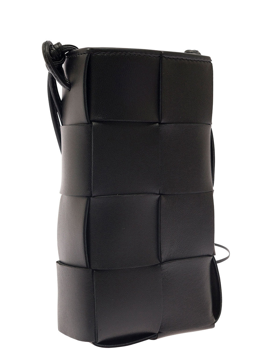 Bottega Veneta Women 'Phone Pouch' Black Shoulder Bag With Knot Details In Intreccio Nappa Leather Woman