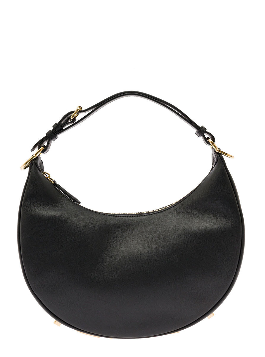 Fendi Women Hobo Fendigraphy Black Leather Handbag With Metal Logo Woman