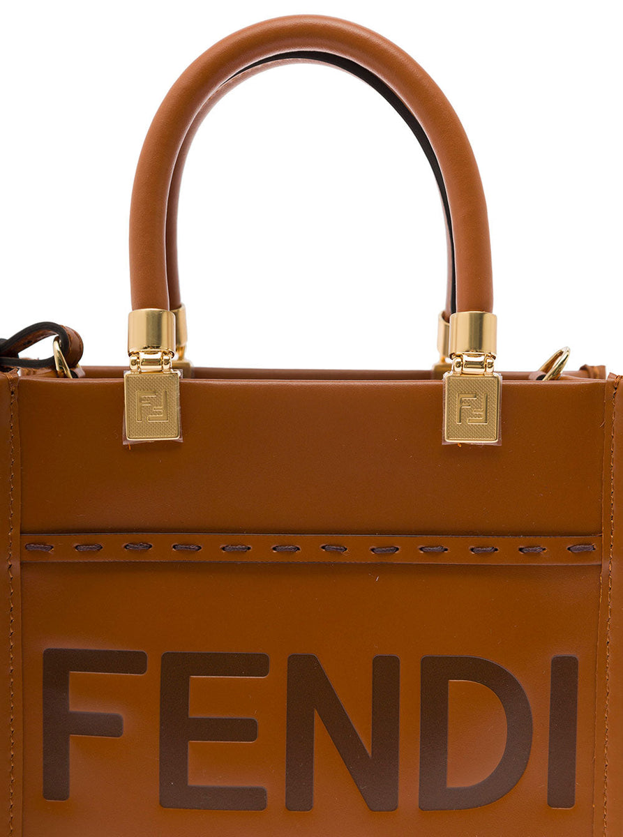 Fendi Women 'Sunshine' Mini Brown Tote Bag With Hot-Stamped Logo In Leather Woman