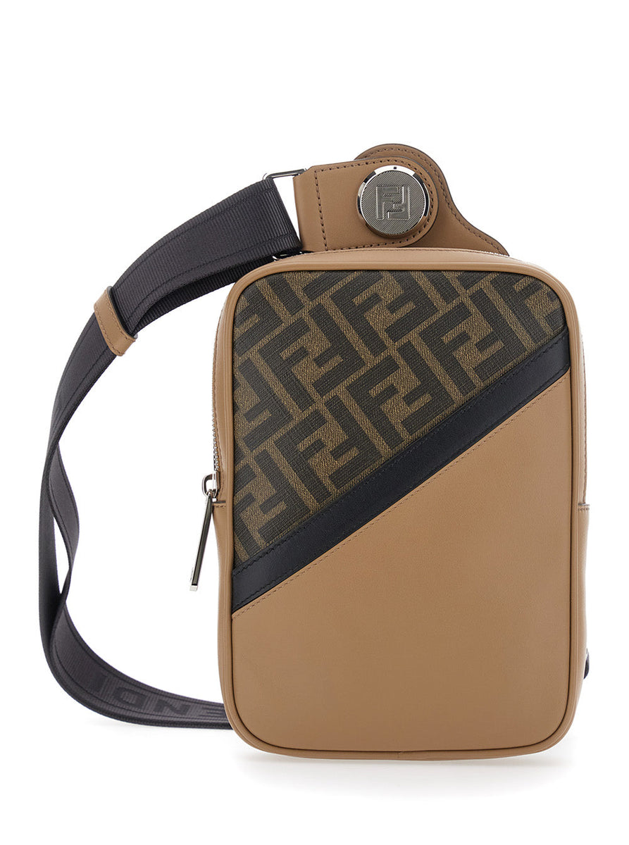 Fendi Men Brown Crossbody Bag With Logo Plaque On The Front And Shoulder Strap In Ff Canvas And Leather Woman