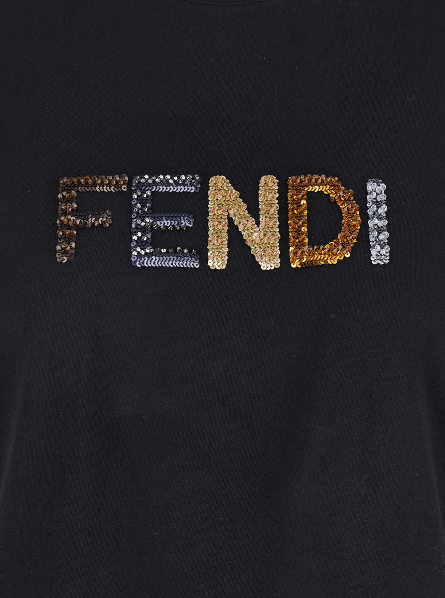 Fendi Women Black Crewneck T-Shirt With Logo Lettering On The Front In Cotton Woman