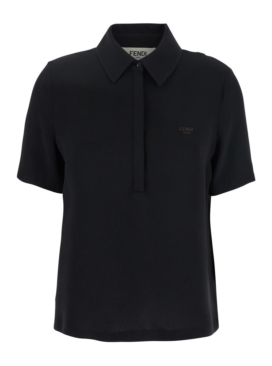 Fendi Women Black Polo Shirt With Classic Collar And Logo Lettering On The Front In Silk Woman