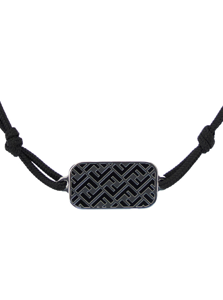 Fendi Men Metallic Bracelet With Ff Plaque Pendant In Fabric Man