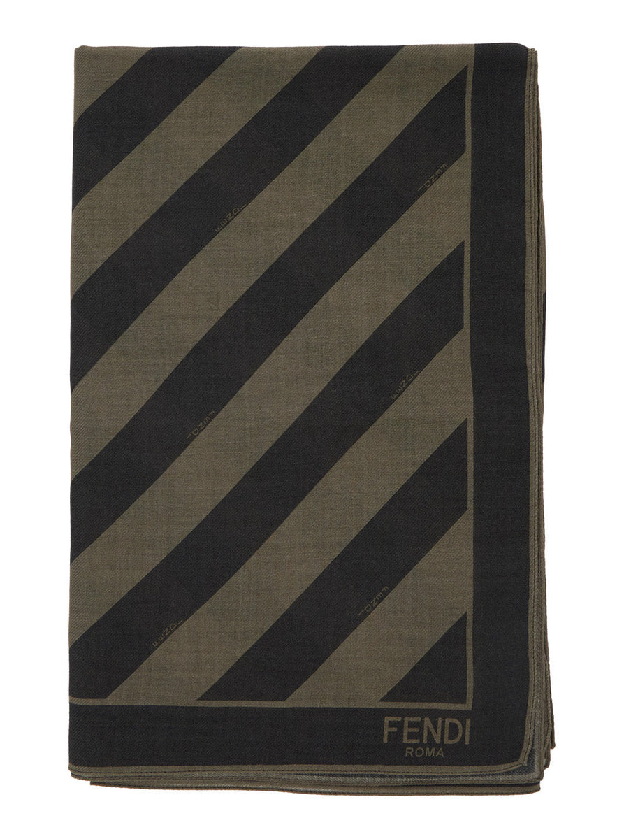 Fendi Men Beige Square Stole With All-Over Striped Motif And Logo Lettering On The Hem In Cotton And Silk Blend Man