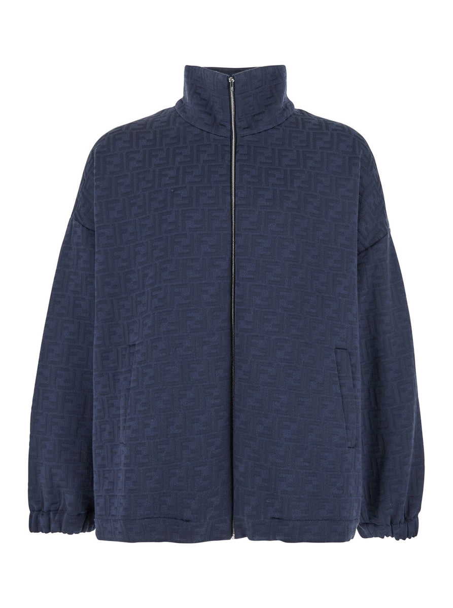 Fendi Men Blue Sweatshirt With High Neck And All-Over Embossed Ff Motif In Cotton Blend Man