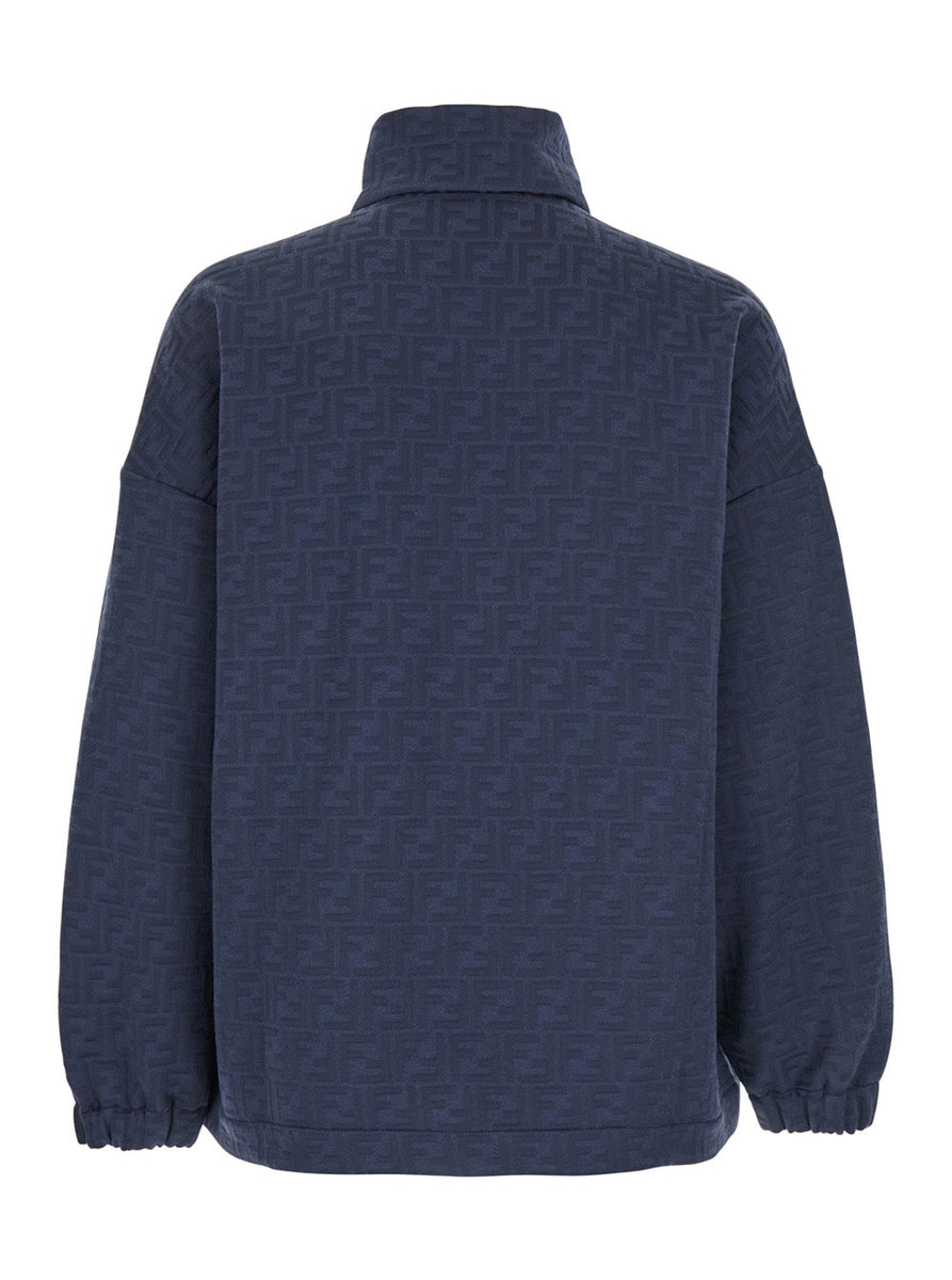 Fendi Men Blue Sweatshirt With High Neck And All-Over Embossed Ff Motif In Cotton Blend Man