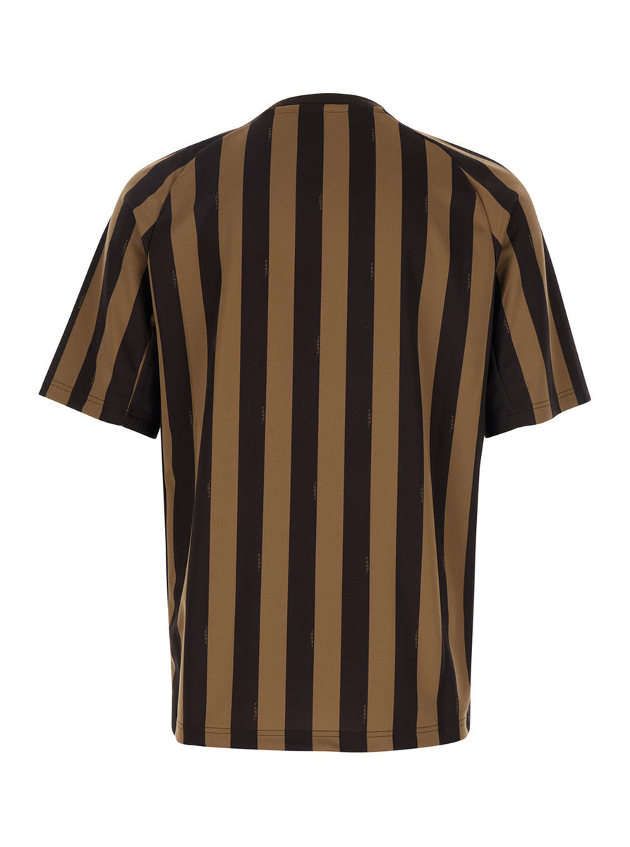 Fendi Men Brown T-Shirt With All-Over Striped Motif And Fendi Club Patch In Tech Fabric Man