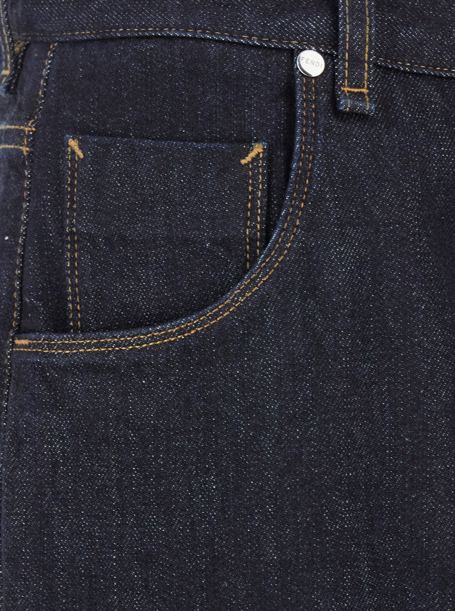 Fendi Men Blue Five Pocket Jeans With Fendi Club Patch On The Back In Denim Man
