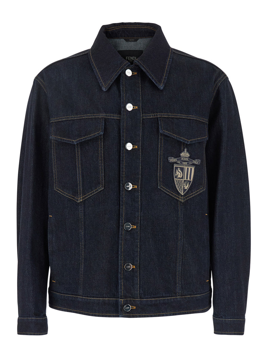 Fendi Men Blue Jacket With Classic Collar And Logo Embroidery On The Front In Denim Man