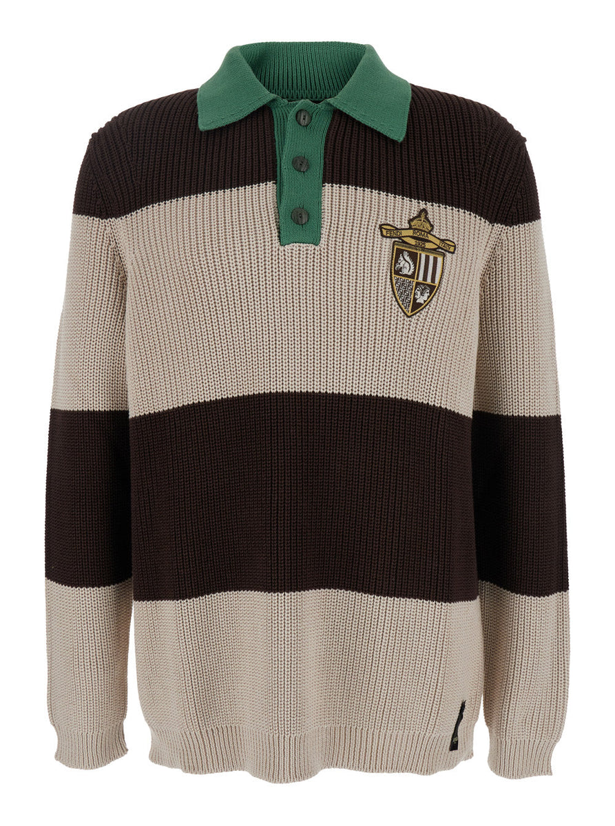 Fendi Men Brown Knitted Polo With Striped Motif And Fendi Club Patch On The Front In Cotton Man