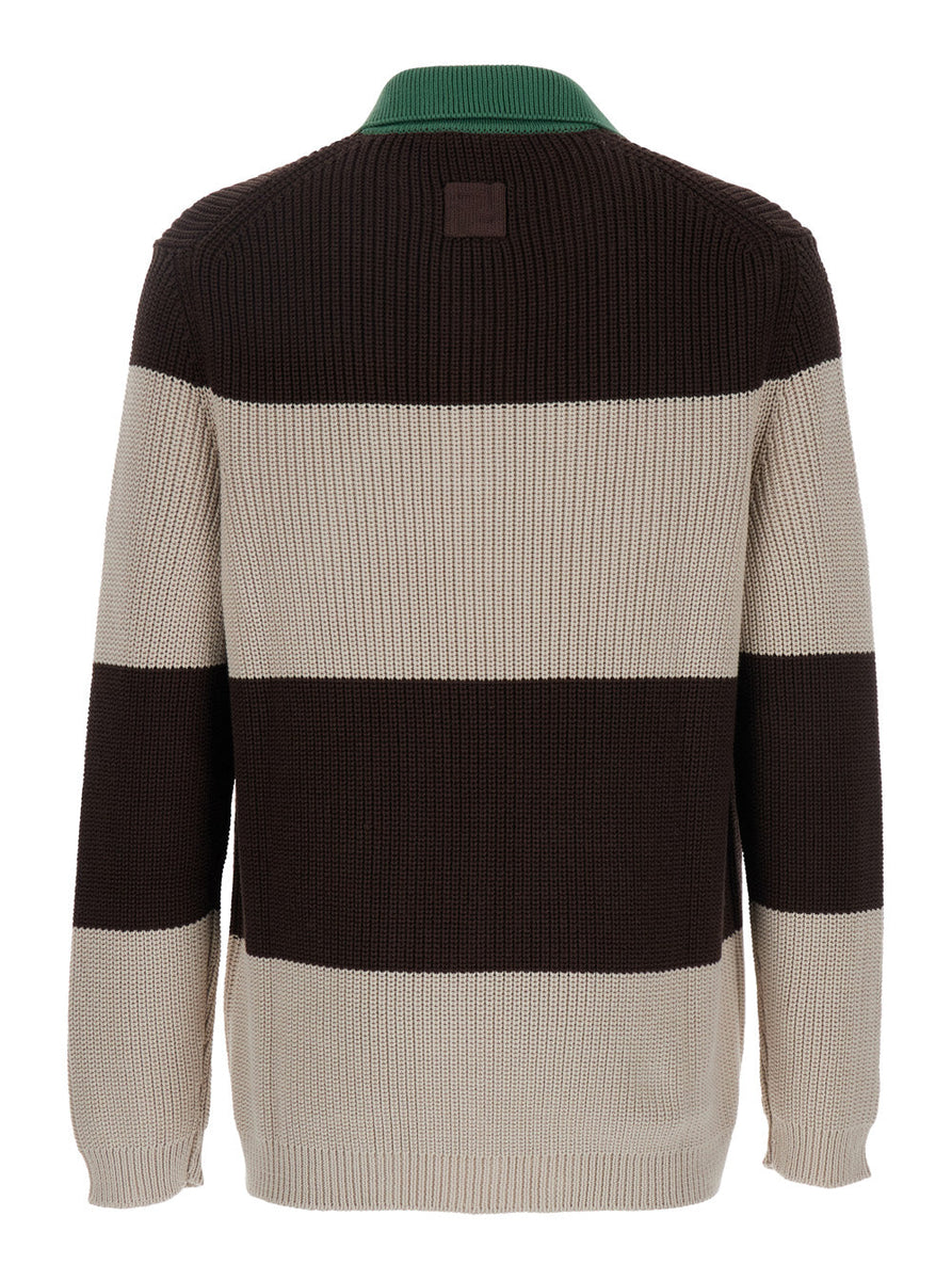 Fendi Men Brown Knitted Polo With Striped Motif And Fendi Club Patch On The Front In Cotton Man
