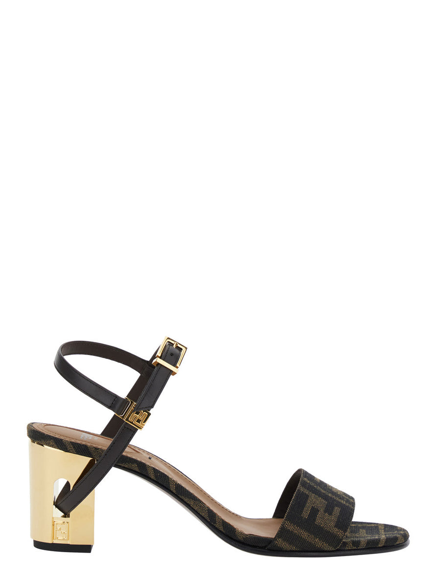 Fendi Women 'Delfina' Brown Sandals With All-Over Ff Motif And Block Heel In Leather And Fabric Woman