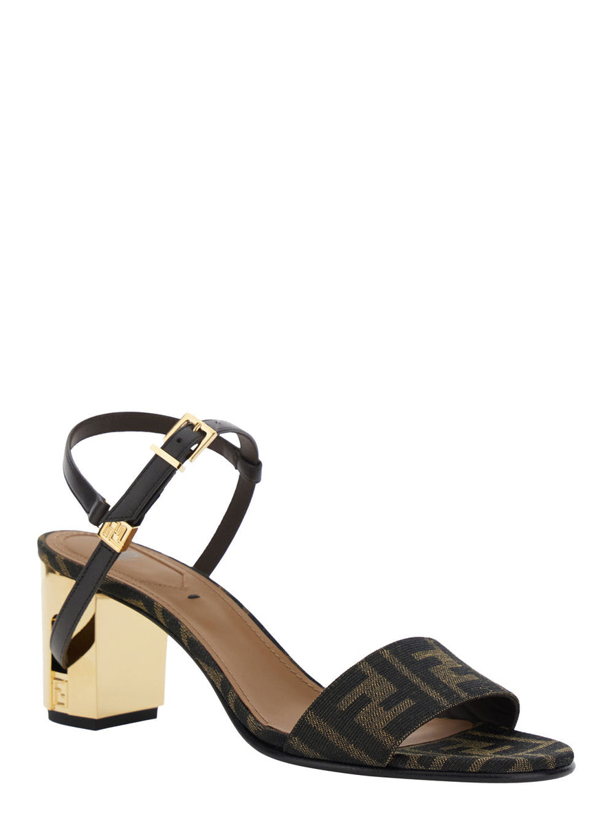 Fendi Women 'Delfina' Brown Sandals With All-Over Ff Motif And Block Heel In Leather And Fabric Woman