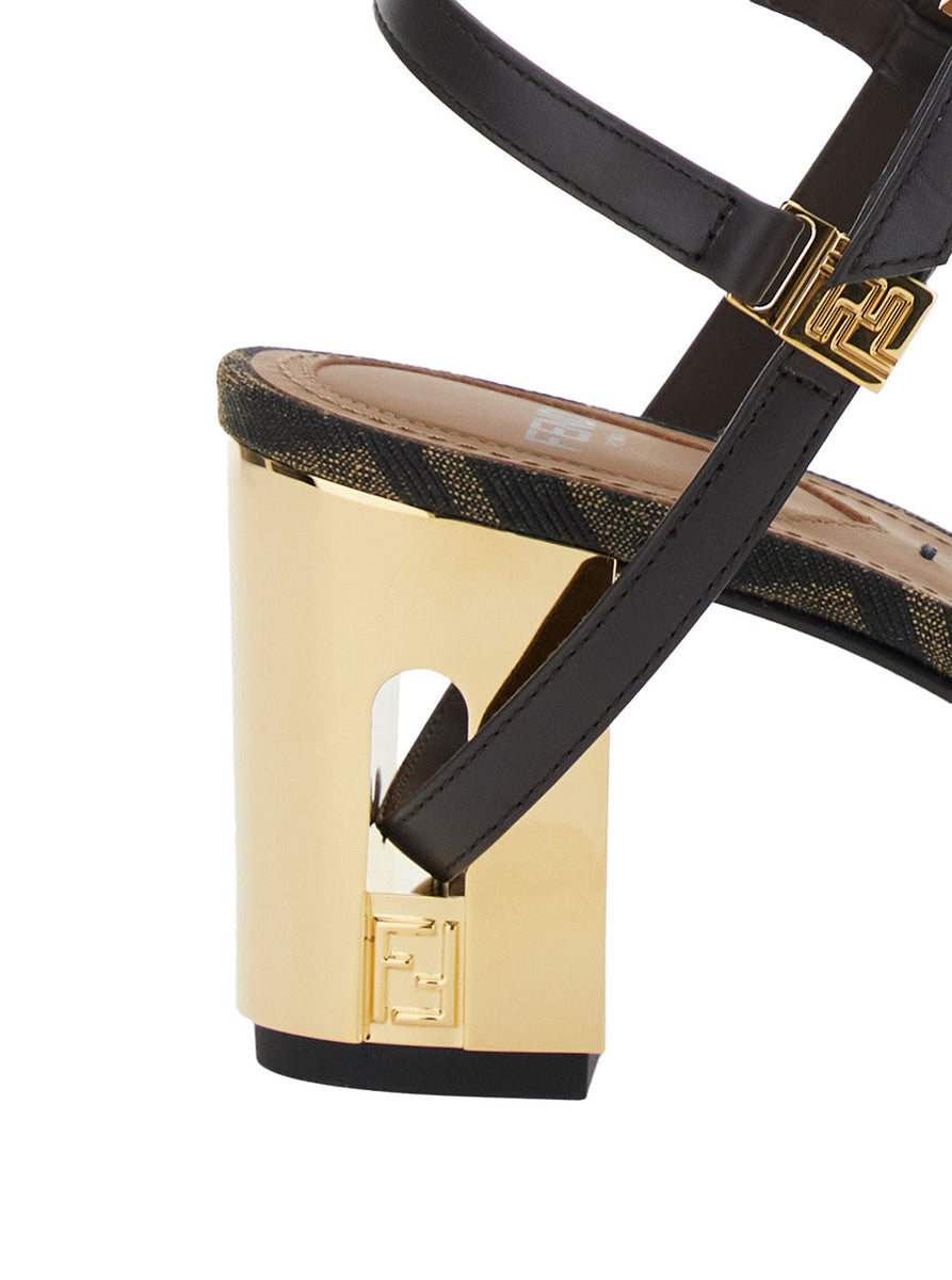 Fendi Women 'Delfina' Brown Sandals With All-Over Ff Motif And Block Heel In Leather And Fabric Woman