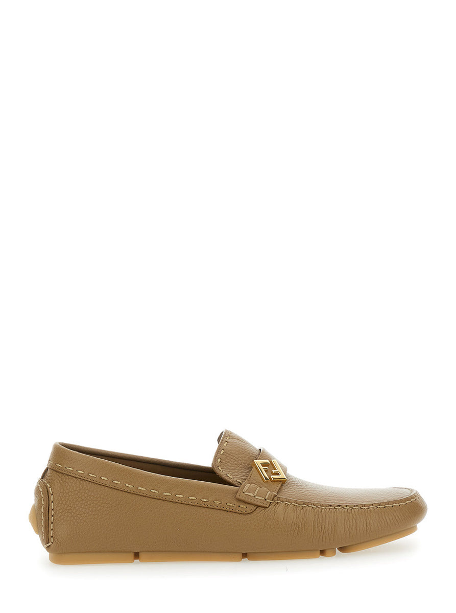 Fendi Men 'Driver' Beige Loafers With Rubber Injected Sole And Metallic Ff Plate In Hammered Leather Man
