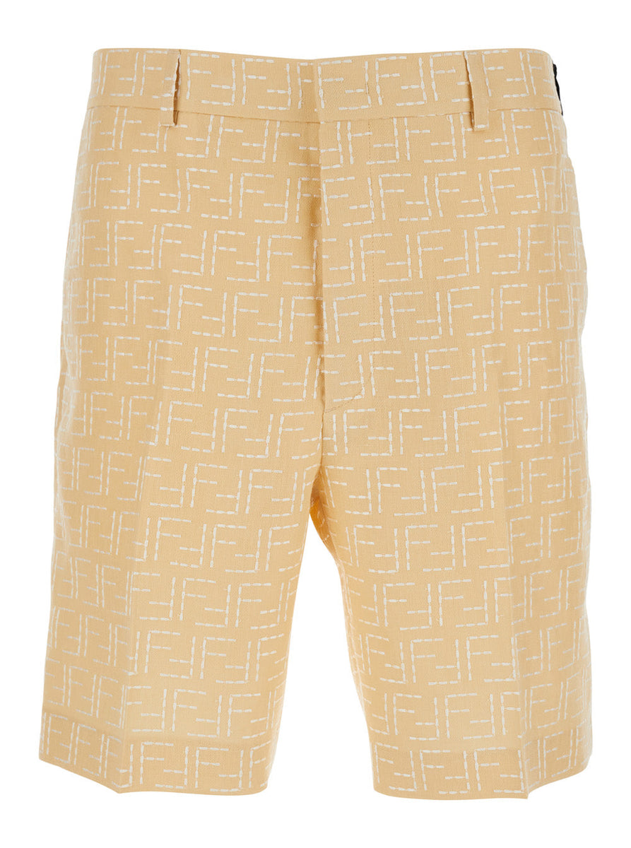 Fendi Men Yellow Pants With Belt Loops And All-Over Ff Motif In Linen Blend Man