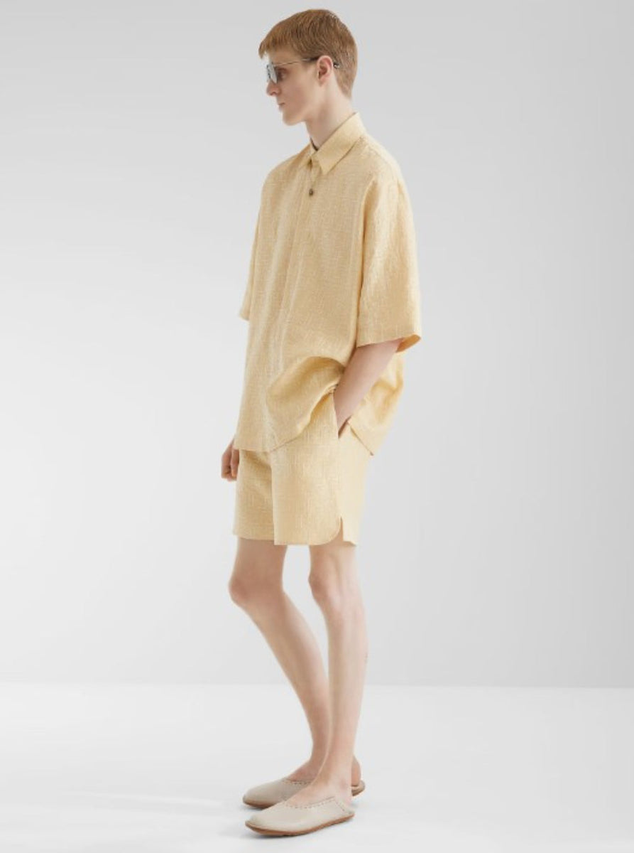 Fendi Men Yellow Shirt With Wide Short Sleeves And All-Over Ff Motif In Linen Blend Man