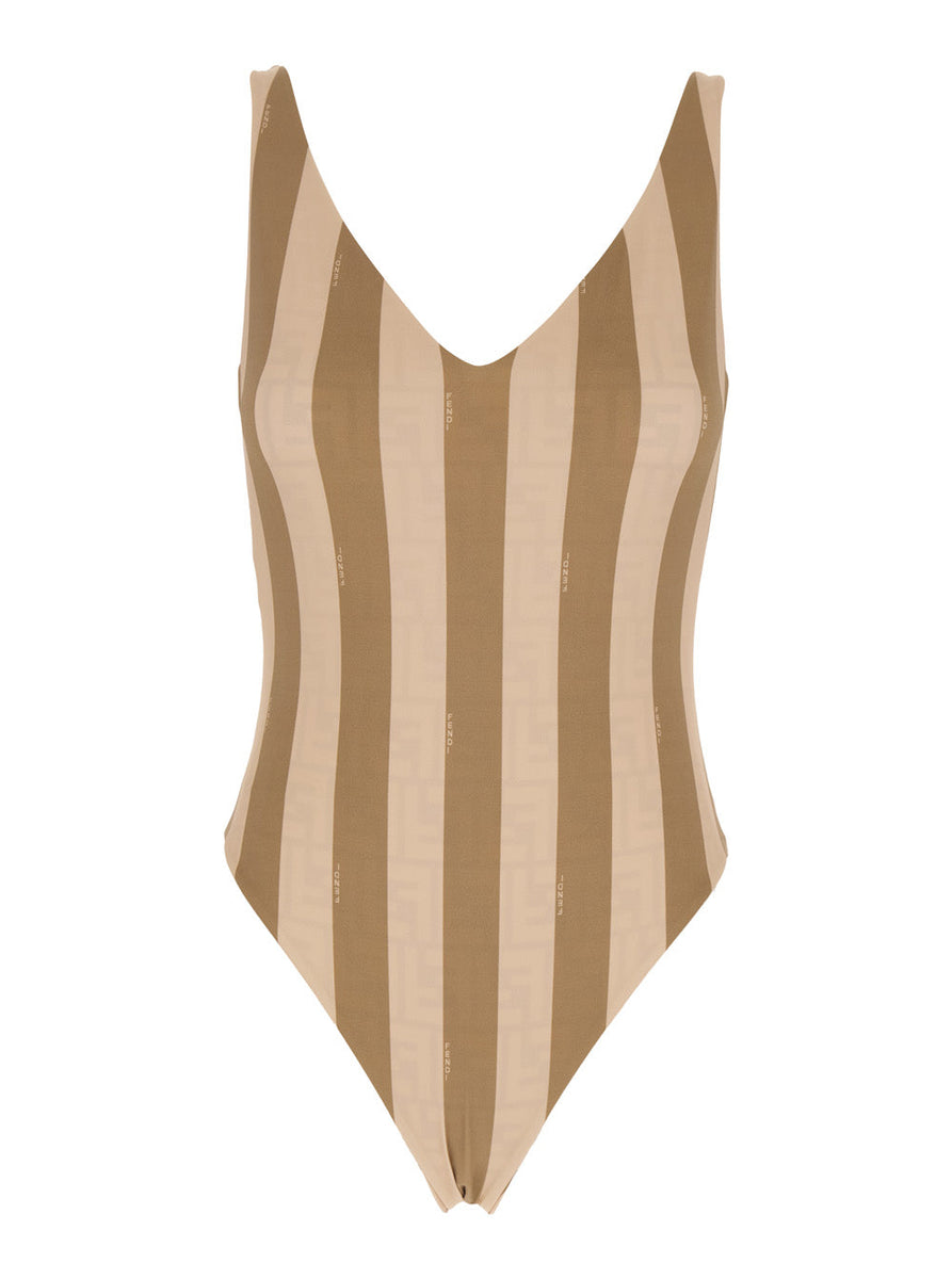 Fendi Women Beige Reversible Swimsuit With V Neck And All-Over Striped Motif In Tech Fabric Stretch Woman