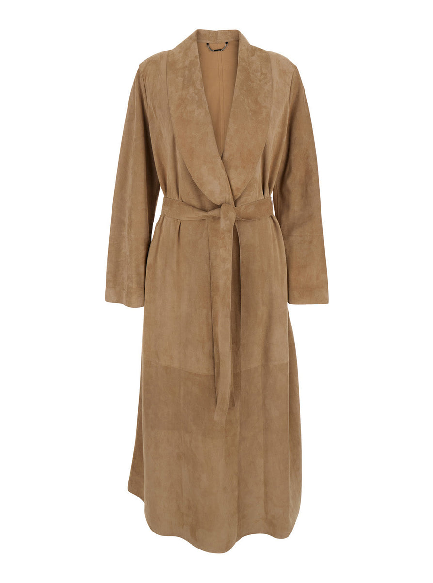 Fendi Women Beige Coat With Shawl Collar And Adjustable Belt In Suede Woman