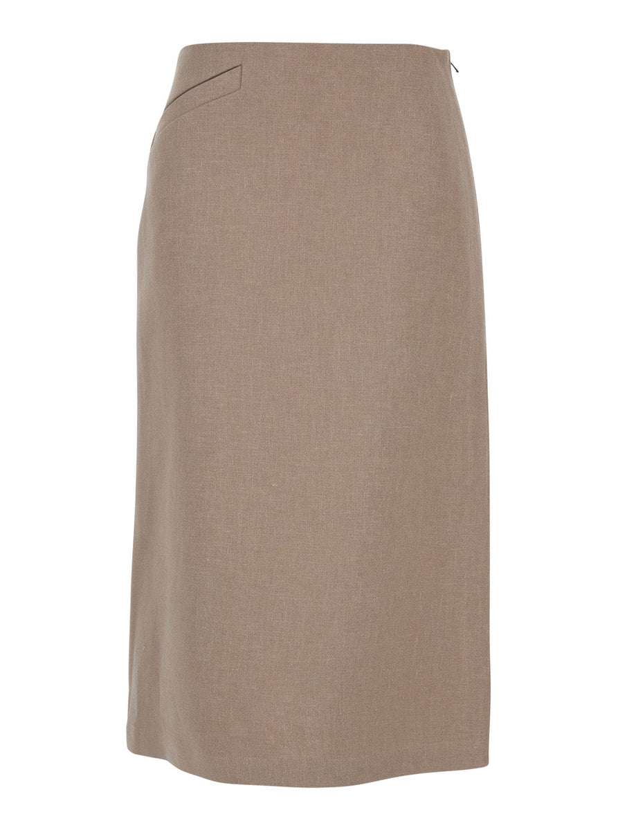 Fendi Women Beige Pencil Skirt With Rear Logo Lettering Embroidery And Side Slit In Linen Woman