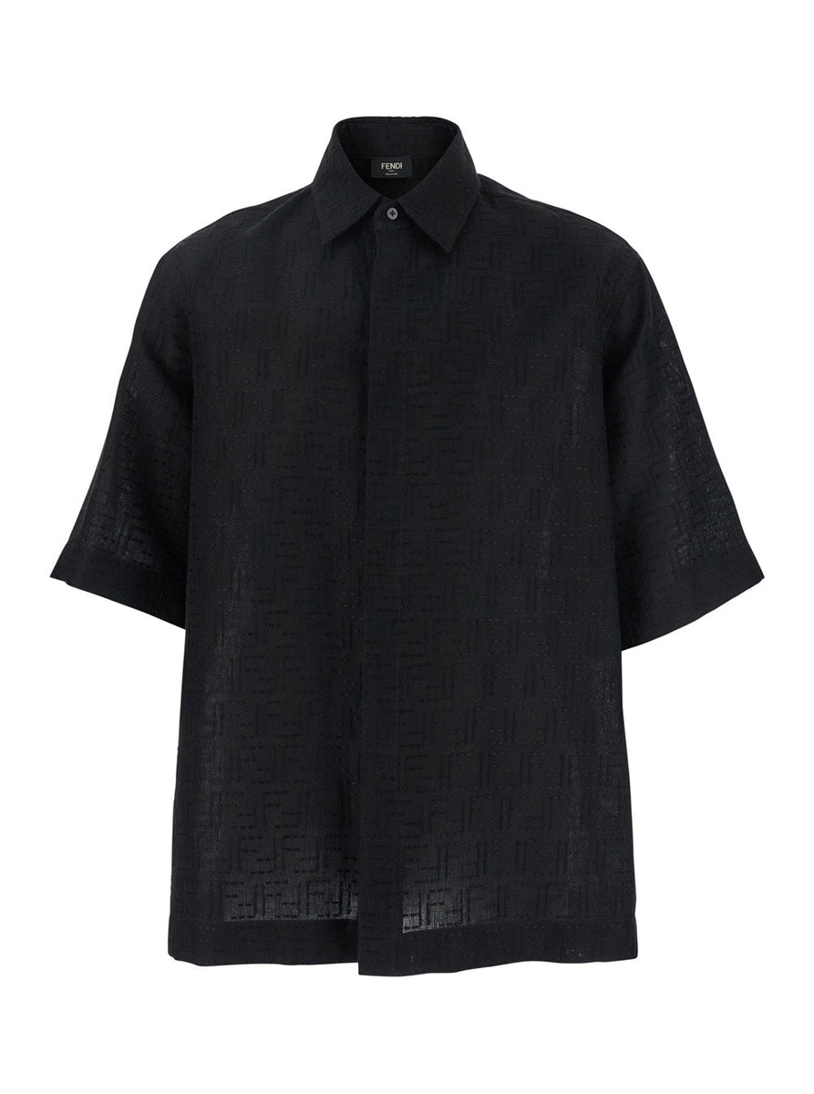 Fendi Men Black Oversize Shirt With Short Wide Sleeves And All-Over Ff Embroidery In Linen Blend Woman