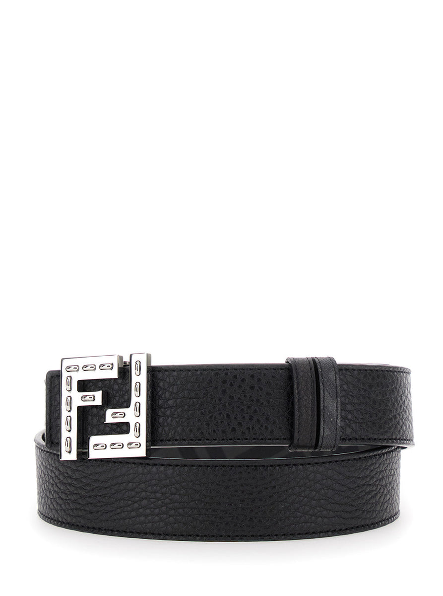 Fendi Men Black Belt With Metallic Ff Logo Plate On The Front And Ff Interior Motif In Hammered Leather Man