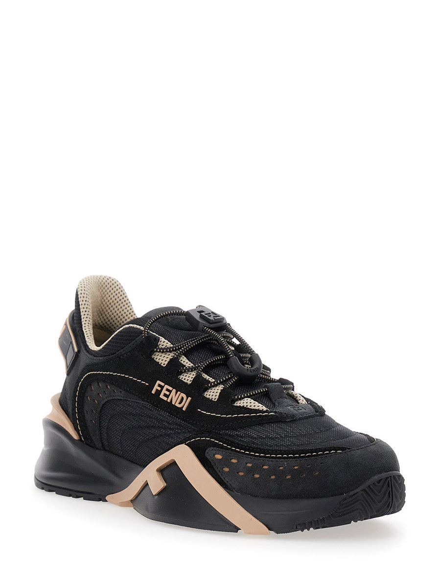 Fendi Women 'Fendi Flow' Black Low Top Sneakers With Diagonal F Detail In Leather Woman