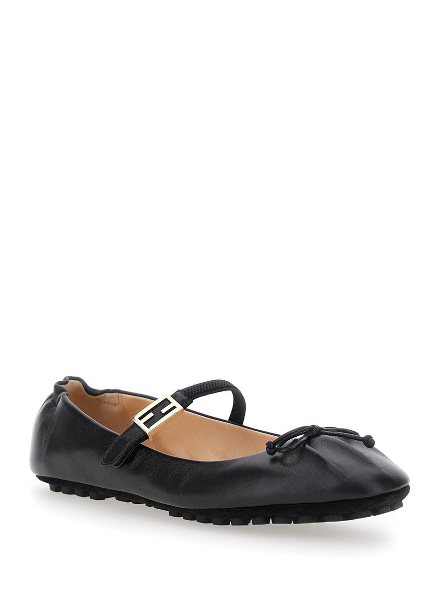 Fendi Women Black Ballerinas With Curled Heel And Ff Logo Plaque On The Strap In Leather Woman