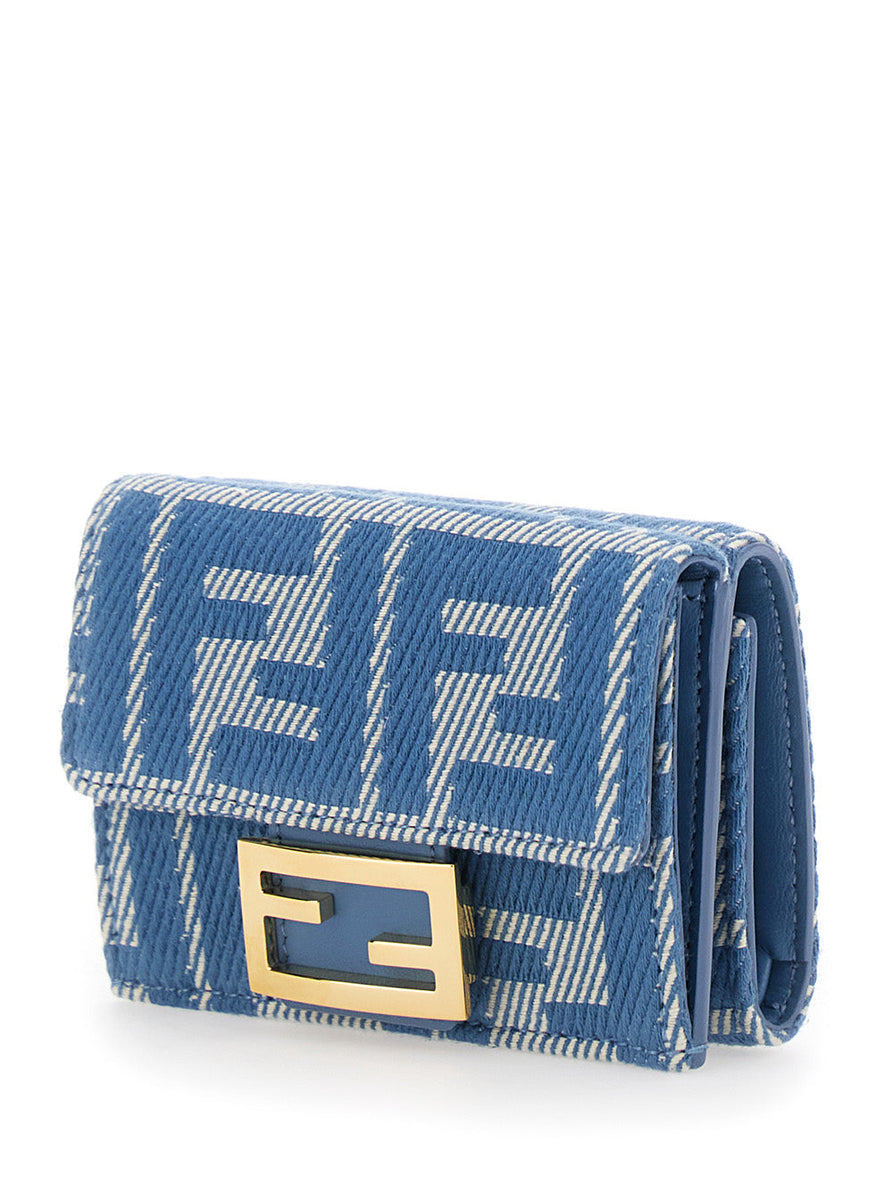 Fendi Women Blue Wallet With Tri-Fold Deisgn And All-Over Ff Motif In Denim Woman