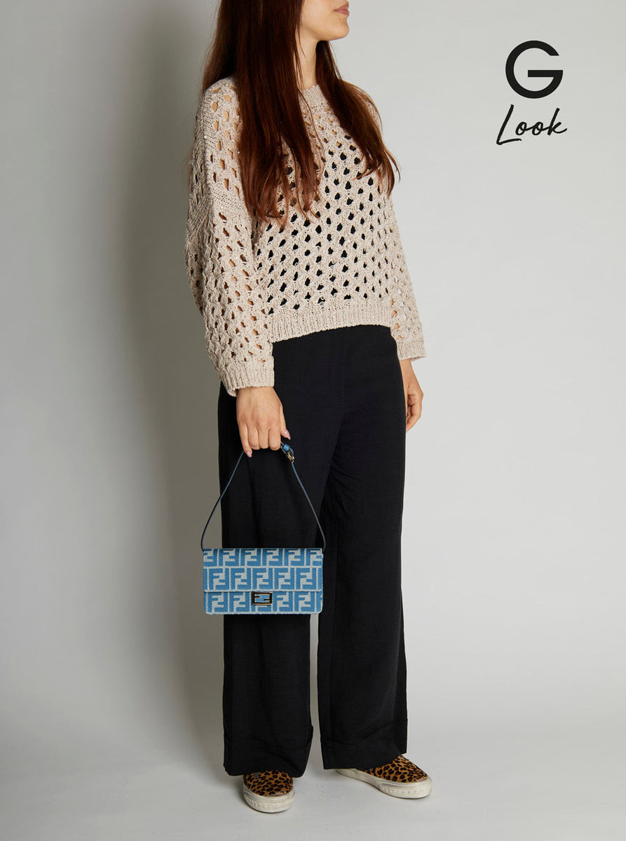 Fendi Women Blue Crossbody Bag With All-Over Ff Motif And Metallic Ff Plaque On The Front In Cotton Woman
