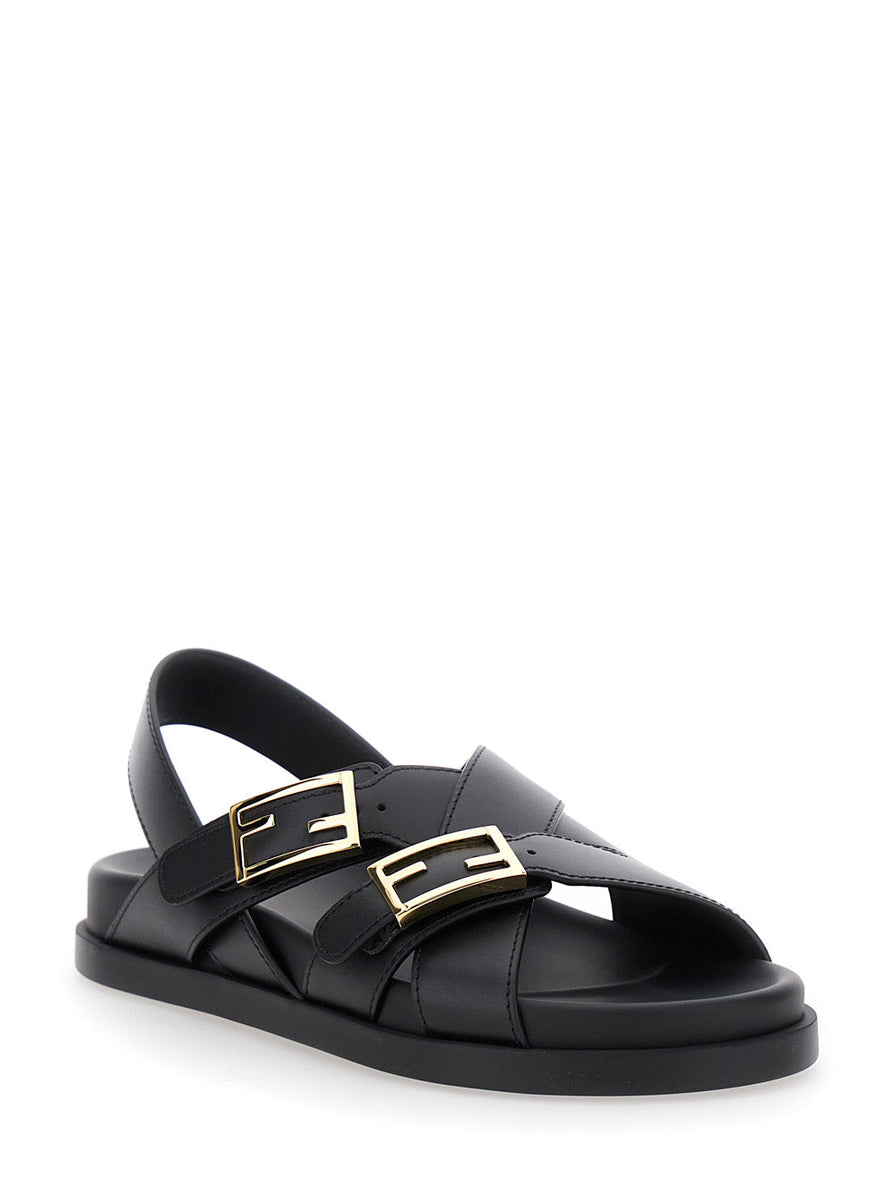 Fendi Women Black Singback Sandals With Ff Buckle Closure And Criss-Crossed Straps In Leather Woman