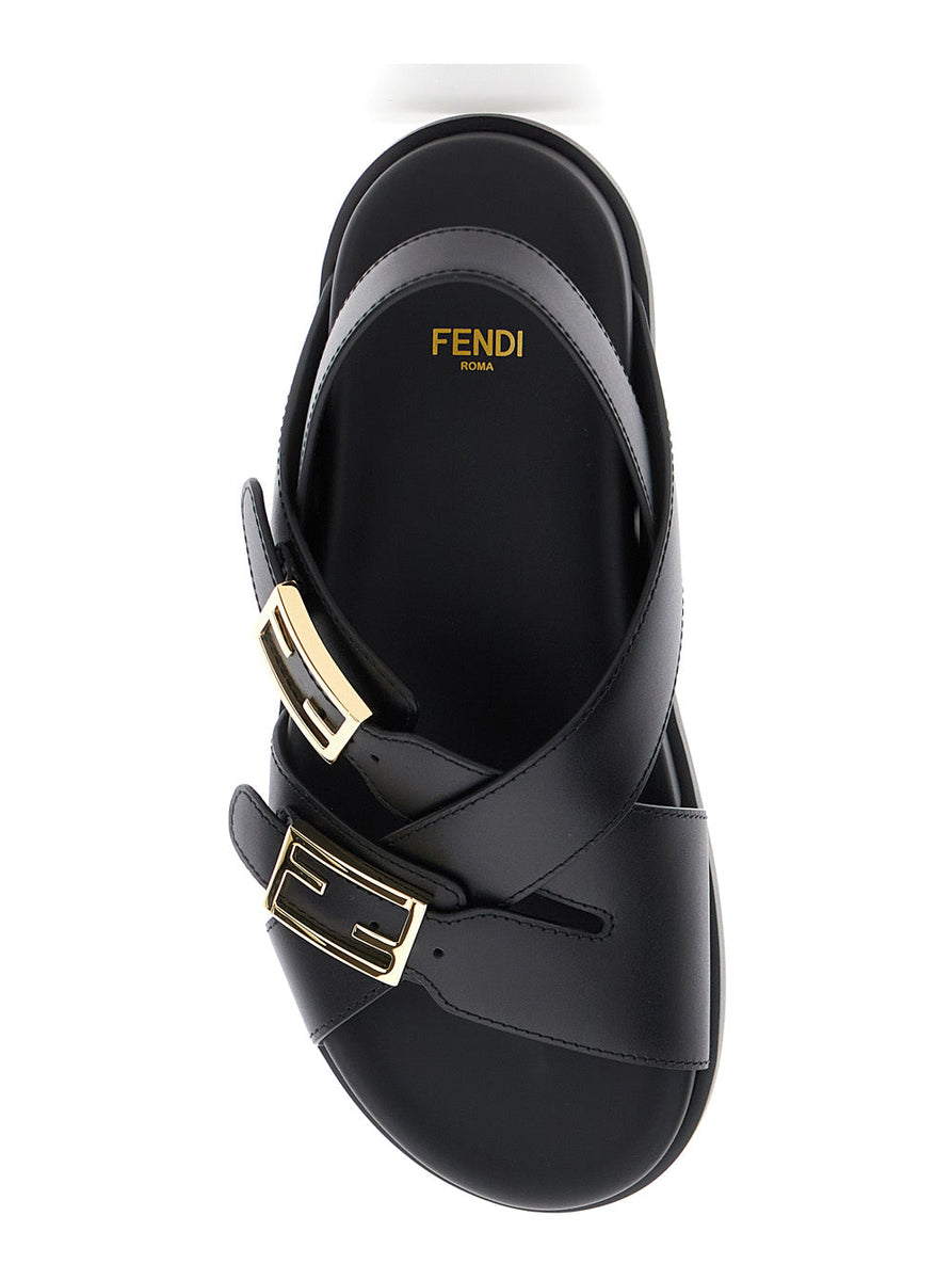 Fendi Women Black Singback Sandals With Ff Buckle Closure And Criss-Crossed Straps In Leather Woman