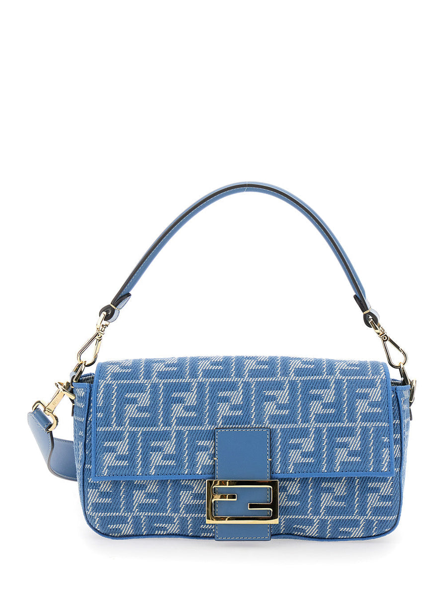 Fendi Women 'Baguette Medium' Blue Shoulder Bag With All-Over Ff Motif And Ff Logo Plaque On The Front In Cotton Woman