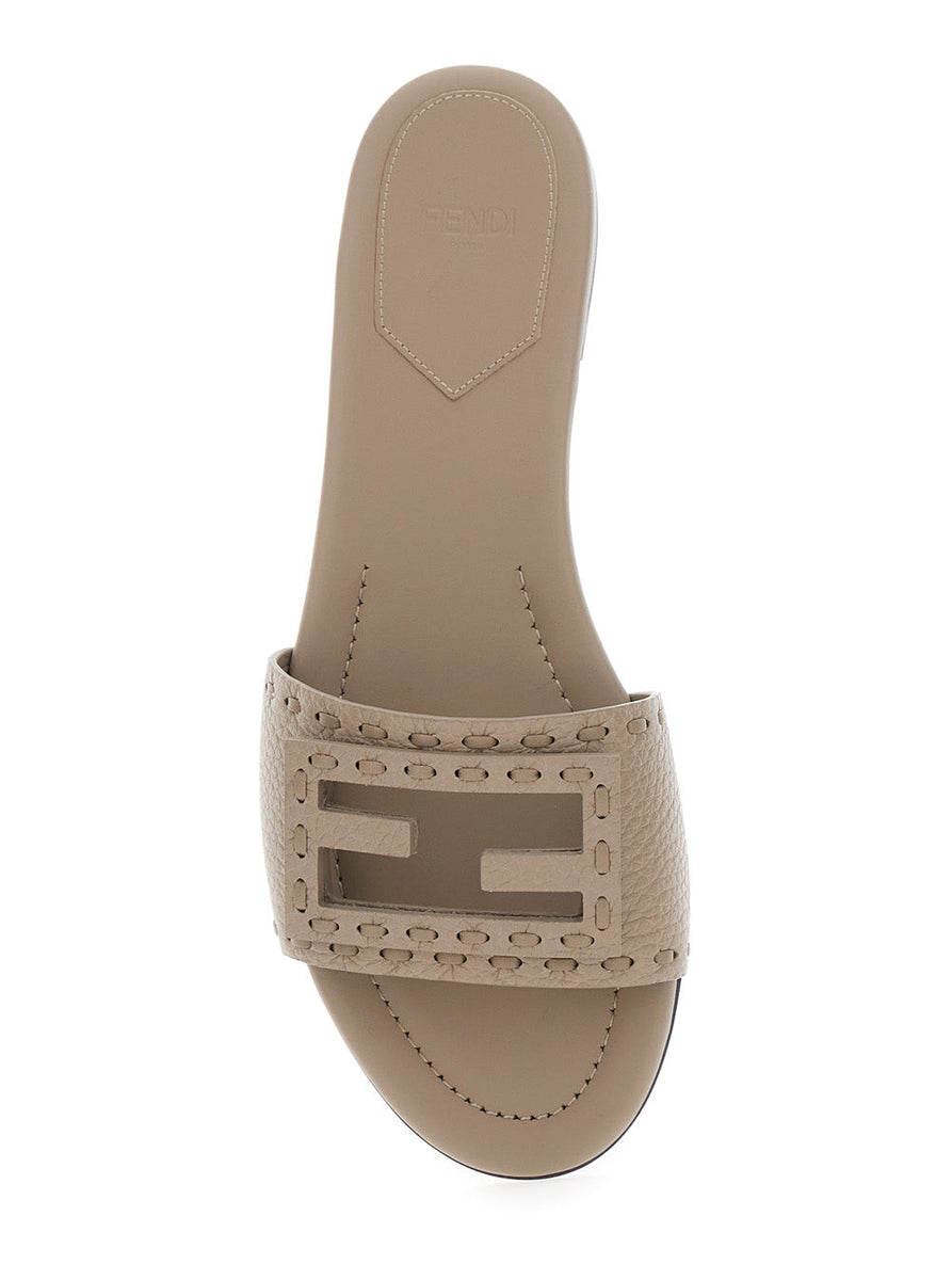 Fendi Women Beige Slide Sandals With Logo Plaque On The Front In Hammered Leather Woman