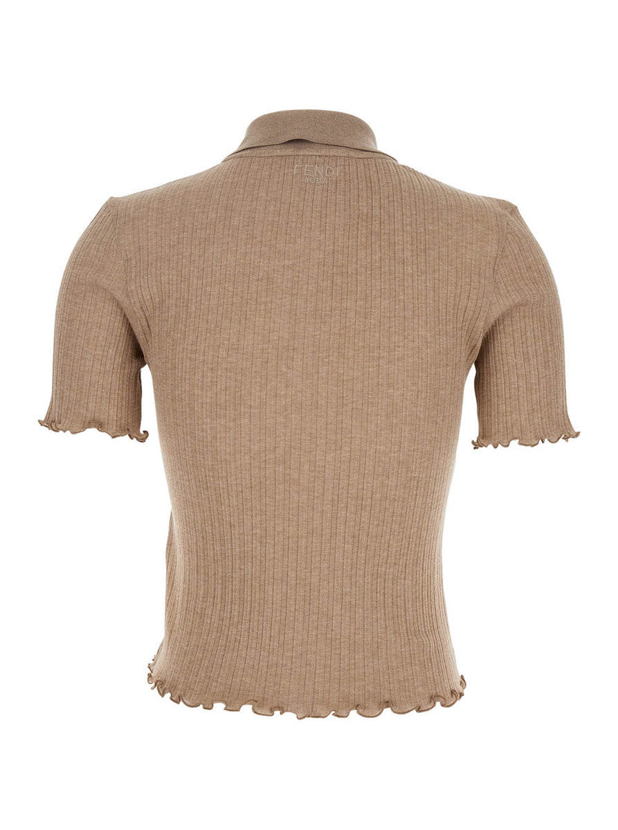 Fendi Women Beige Polo With Ribbed Design And All-Over Floral Embroidery With Sequins And Beads In Cotton Jersey Woman
