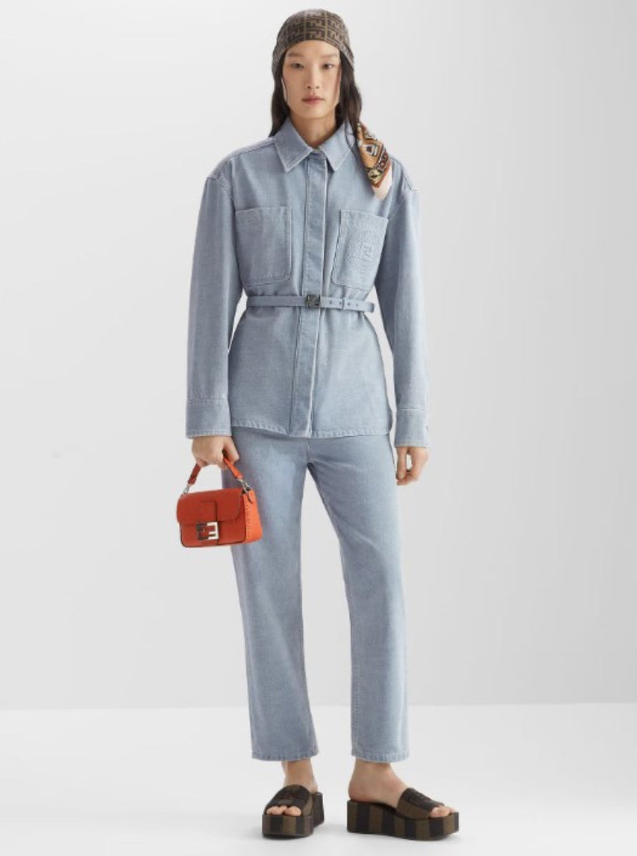 Fendi Women 'Go To' Blue Jacket With Belt With Ff Buckle And Logo Patch On The Front In Denim Woman