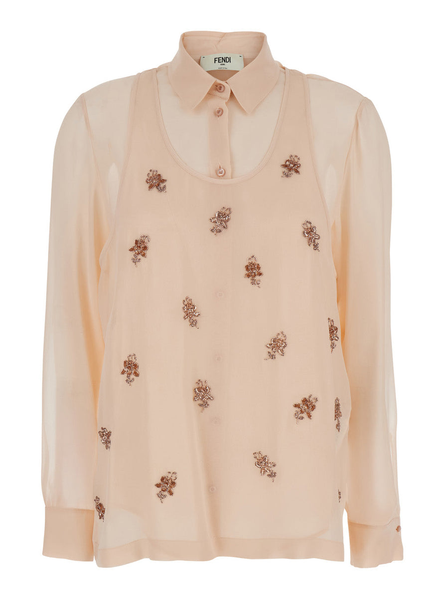 Fendi Women Pink Shirt With Layered Top And Floral Bead Decorations In Silk Woman