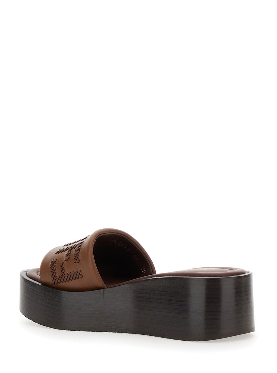 Fendi Women Brown Slides With Wedge Heel And Ff Motiv On The Band In Leather Man