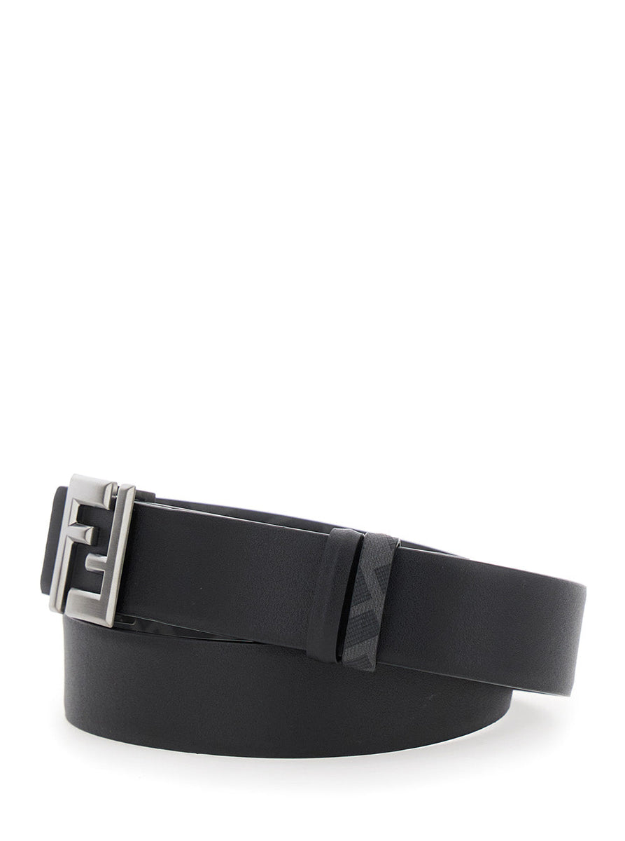 Fendi Men Black Reversible Belt With Ff Buckle In Leather Man