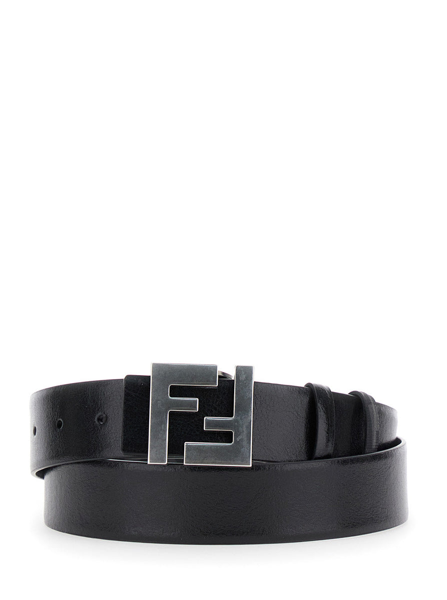 Fendi Men Black Reversible Belt With Ff Logo Buckle In Leather Man