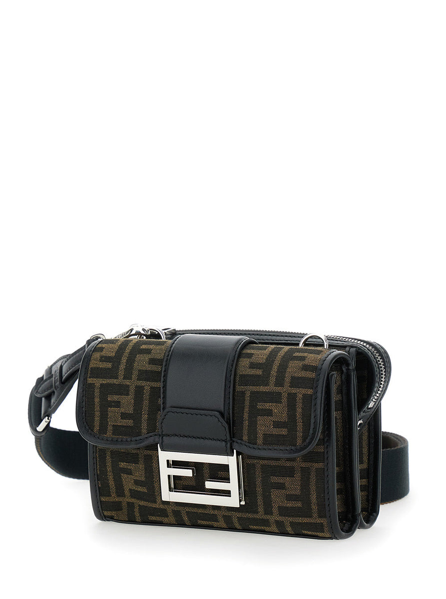 Fendi Men 'Baguette Double' Brown Crossbody Bag With All-Over Ff Motif And Front Plaque In Fabric And Leather Woman