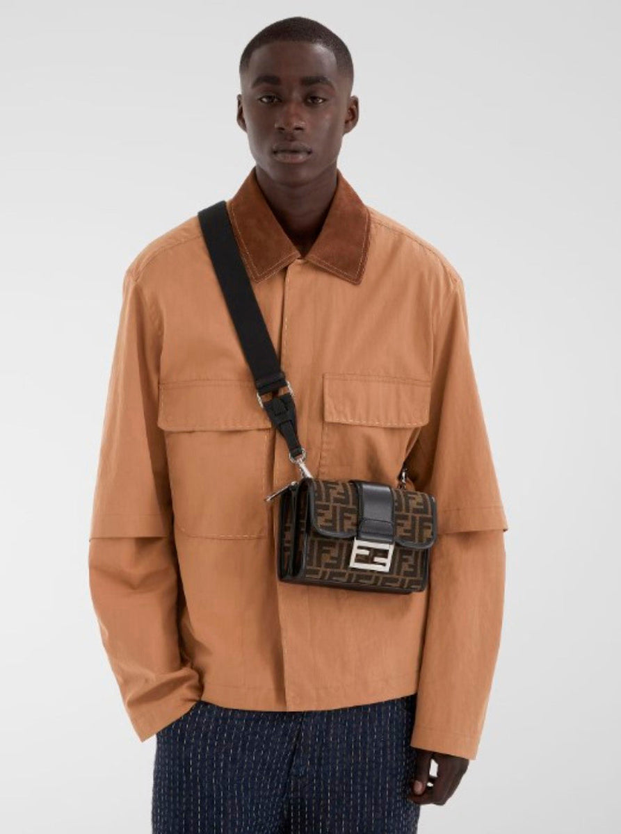 Fendi Men 'Baguette Double' Brown Crossbody Bag With All-Over Ff Motif And Front Plaque In Fabric And Leather Woman