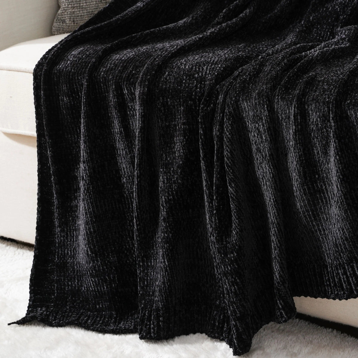 Black Chenille Throws for Couch,Soft Lightweigt Knitted Blanket for Living Room,51"X 67"