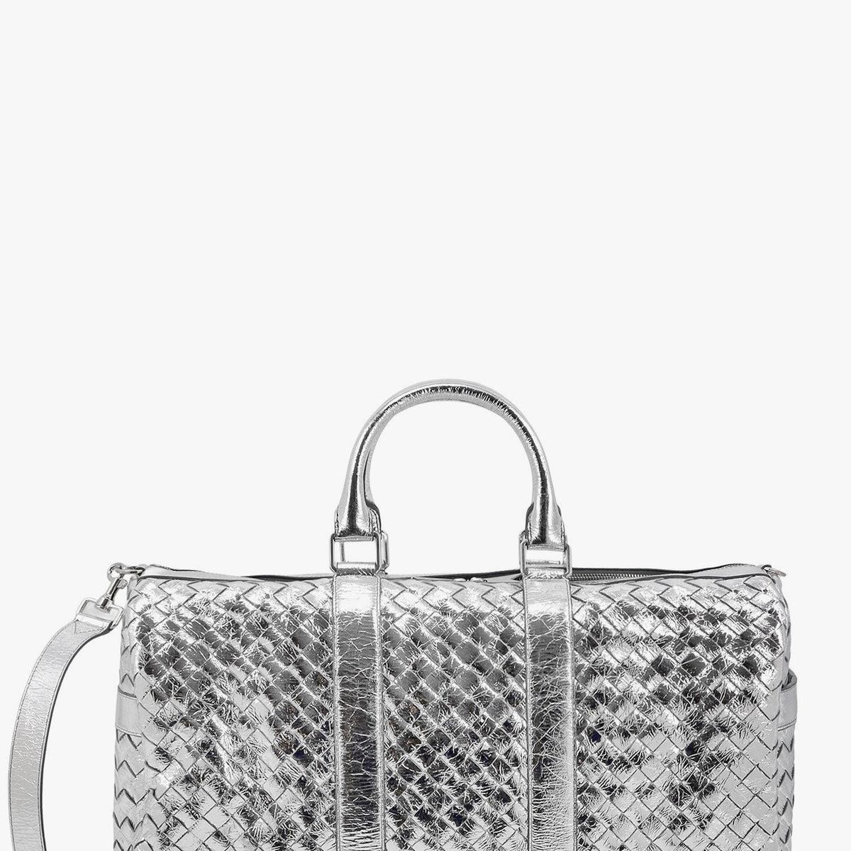 Bottega Veneta Men Silver Leather Duffle Bag With Intrecciato Motif