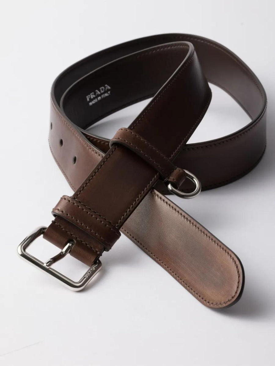 PRADA Aged Leather Belt with Engraved Buckle